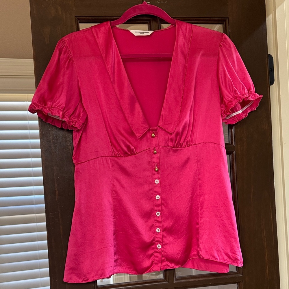 Amanda Uprichard Fuchsia Button-Up satin Blouse